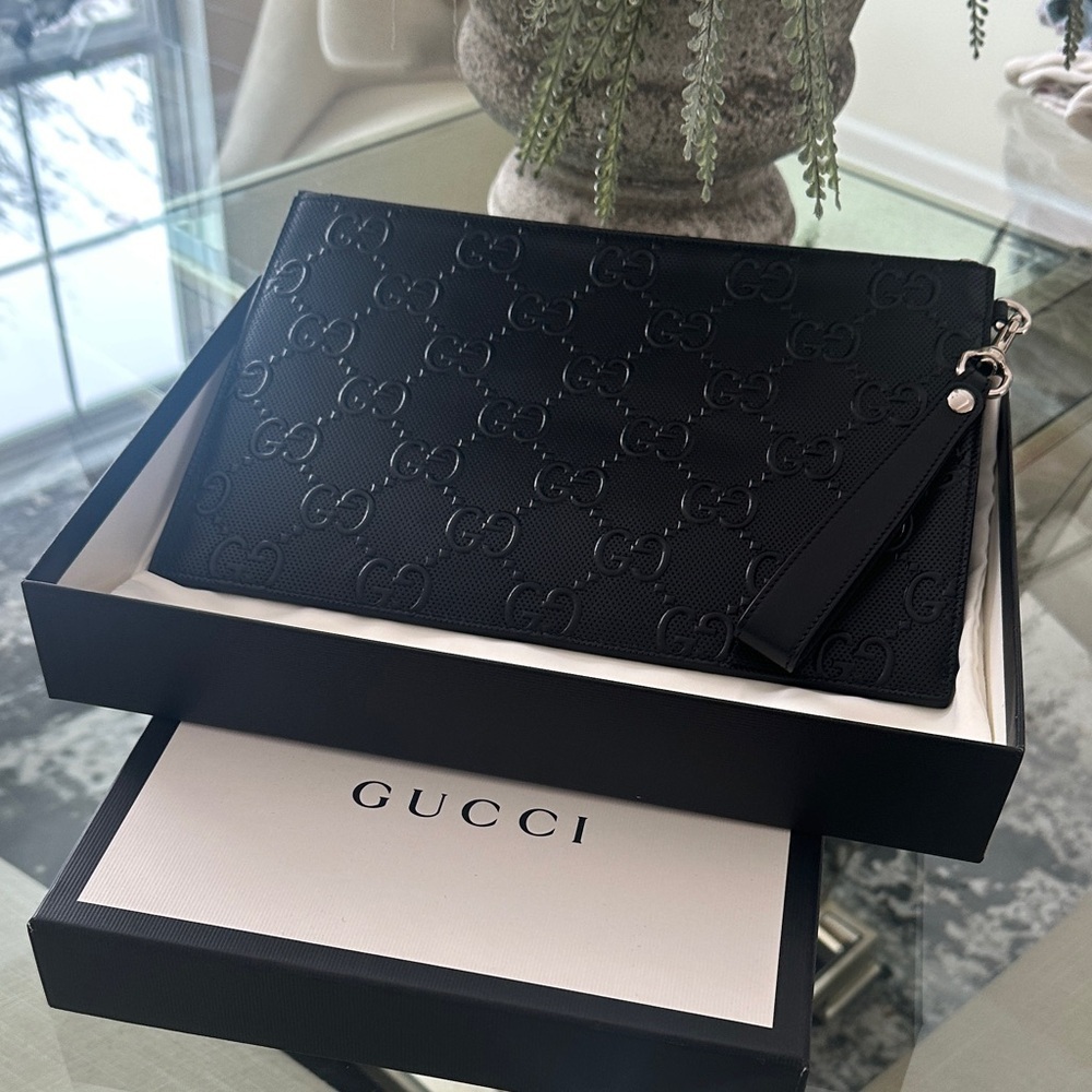 Gucci Black Monogram Leather Pouch